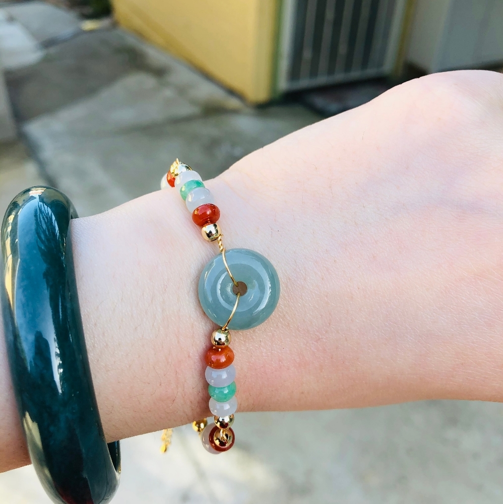 Multi color jade bracelet wtih 14K gold